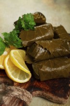 Dolma, minced meat with rice, in grape leaves, minced meat rolls, on a chopping board, top view, no