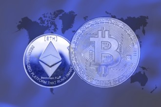 (Photomontage) Cryptocurrencies: Symbolic Bitcoin and Ethereum, cropped in front of a world map