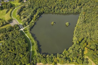 Aerial view, Rotbachsee in the forest, Oberlohberg, Dinslaken, Ruhr area, North Rhine-Westphalia,