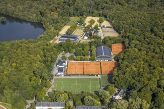Aerial view, football stadium at the outdoor swimming pool TV Jahn Hiesfeld, Rotbachsee in the
