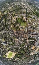 Aerial view, municipal park and castle Dinslaken with town hall, below the former harness racing
