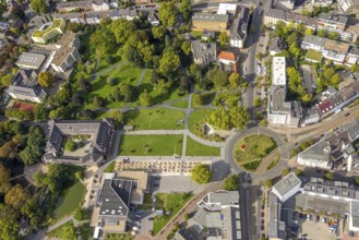 Aerial view, municipal park, Dinslaken Castle and Palace, Kathrin-Türks-Halle theatre, green