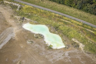 Aerial view, greenish shimmering pond at the landfill Wehofen, Averbruch, Dinslaken, Ruhr area,