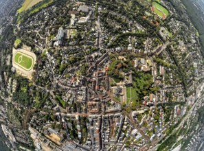 Aerial view, municipal park and castle Dinslaken with town hall, on the left the former harness