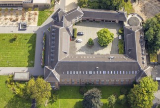 Aerial view, Dinslaken Castle and Palace, green tree in the inner courtyard, Dinslaken, Ruhr area,