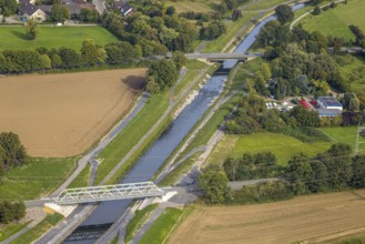 Aerial view, Two bridges over the river Emschher, new railway bridge and rear Heerstraße bridge,