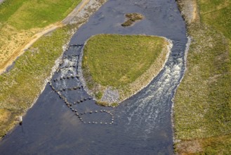 Aerial view, fish ladder, Emscher renaturalisation river Emscher, New Emscher estuary city border