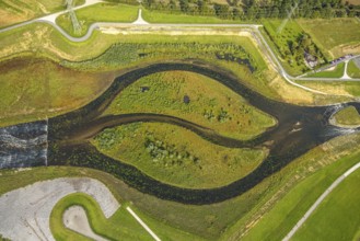 Aerial view, Emscher renaturation river Emscher, New Emscher estuary city border Dinslaken/Voerde