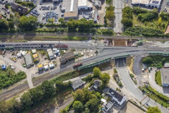 Aerial view, bridge construction site federal road B8 Weseler Straße at the track junction,