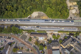 Aerial view, railway station Hbf with new platform and station forecourt, construction site