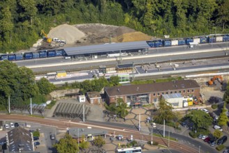 Aerial view, railway station Hbf with new platform and station forecourt, construction site