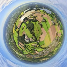 Aerial view, meadows and fields Tenderingsweg at Bruckhauser Mühlenbach, earth globe, fisheye