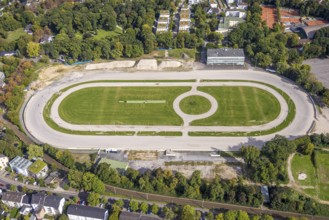 Aerial view, former trotting track Dinslaken with demolition works and construction site for a new