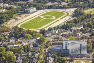 Aerial view, former trotting track Dinslaken with demolition works and construction site for a new