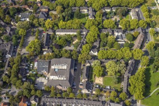 Aerial view, multi-family house, housing estate Steigerstraße corner Stollenstraße with green trees