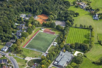 Aerial view, Golddorfarena Sportpark Hünxe, football stadium STV Hünxe sports field and indoor