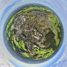 Aerial view, city centre view with comprehensive school Hünxe, globe, fisheye image, 360 degree