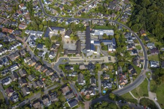 Aerial view, Comprehensive school Hünxe and Karl-Vogels-Schule primary school with solar roof,