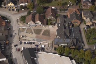 Aerial view, construction site and reconstruction Am Marktplatz, Hünxe, Ruhr area, North