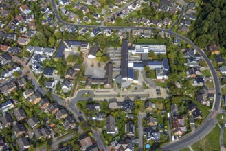 Aerial view, Comprehensive school Hünxe and Karl-Vogels-Schule primary school with solar roof,