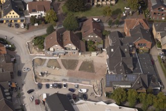 Aerial view, construction site and reconstruction Am Marktplatz, Hünxe, Ruhr area, North