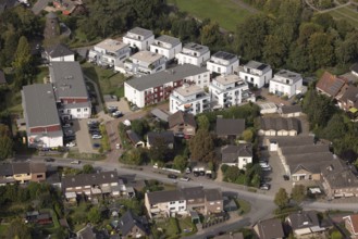 Aerial view, new multi-generational housing estate Högemannshof, single-family houses and apartment