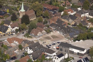 Aerial view, construction site and reconstruction Am Marktplatz, village church Hünxe, Ruhr area,