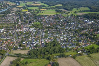 Aerial view, residential area, local view Hünxe general view with distant view, Hünxe, Ruhr area,