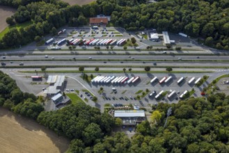 Aerial view, service area Hünxe-Ost and Hünxe-West, petrol station and rest area with truck parking