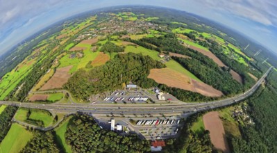 Aerial view, service area Hünxe-Ost and Hünxe-West, petrol station and rest area with truck parking