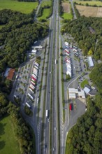 Aerial view, service area Hünxe-Ost and Hünxe-West, petrol station and rest area with truck parking