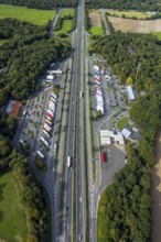 Aerial view, service area Hünxe-Ost and Hünxe-West, petrol station and rest area with truck parking