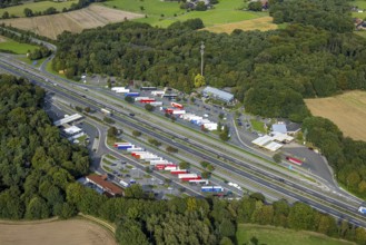 Aerial view, service area Hünxe-Ost and Hünxe-West, petrol station and rest area with truck parking