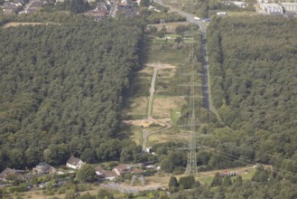 Aerial photo, work on the transmission grid, extra-high-voltage power line, power pylon extension