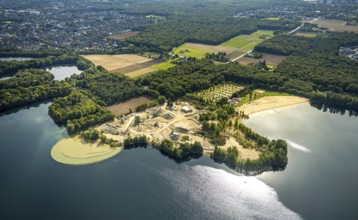 Aerial view, gravel pit Hünxe at Tenderingssee and lido, Bruckhausen, Hünxe, Ruhr area, North