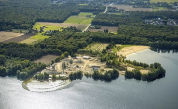 Aerial view, gravel pit Hünxe at Tenderingssee and lido, Bruckhausen, Hünxe, Ruhr area, North