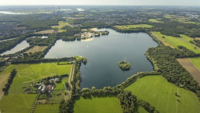 Aerial view, Tenderingssee and lido, gravel works Hünxe, island in the lake, Bruckhausen, Hünxe,