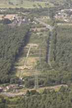 Aerial photo, work on the transmission grid, extra-high-voltage power line, power pylon extension