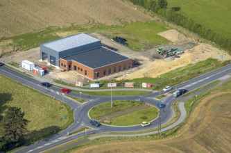 Aerial view, construction site new development area with roundabout Hammweg and Grenzstraße,