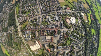 Aerial view, city centre view with town hall and town hall square, Voerde school centre, earth