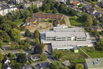 Aerial view, Comenius comprehensive school with schoolyard, Voerde, Ruhr area, North