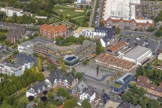 Aerial view, Voerde town hall and town hall square, Voerde, Ruhr area, North Rhine-Westphalia,