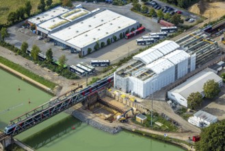 Aerial view, construction site, S-Bahn over a railway bridge Wesel-Datteln-Kanal, NIAG