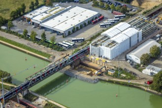 Aerial view, construction site, S-Bahn over a railway bridge Wesel-Datteln-Kanal, NIAG