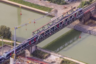 Aerial view, S-Bahn over a railway bridge Wesel-Datteln-Kanal, construction site and demolition of