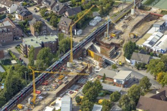 Aerial view, Poststrasse with bridge construction and railway line with S-Bahn, extension of the