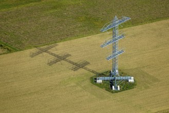Aerial view, power line project with power pole construction for power line at Hammweg, power pole