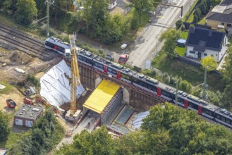 Aerial view, S-Bahn and railway line across Spellener Straße, bridge construction and extension of