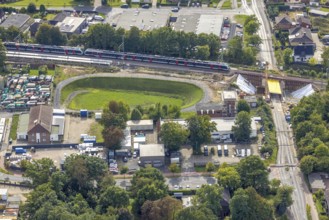 Aerial view, S-Bahn and railway line across Spellener Straße, bridge construction and extension of