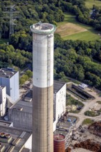 Aerial view, construction site with dismantling work on a tower of the Voerde power plant, Möllen,